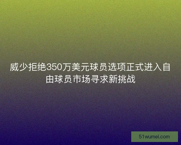 威少拒绝350万美元球员选项正式进入自由球员市场寻求新挑战